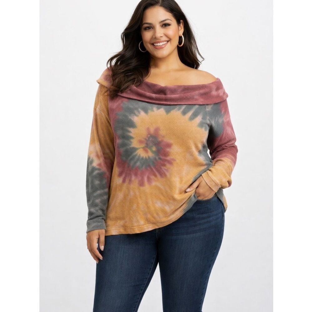 CATO Plus Womens Tie Dye Thermal Off The Shoulder Long Sleeve Sweater Size 18/20